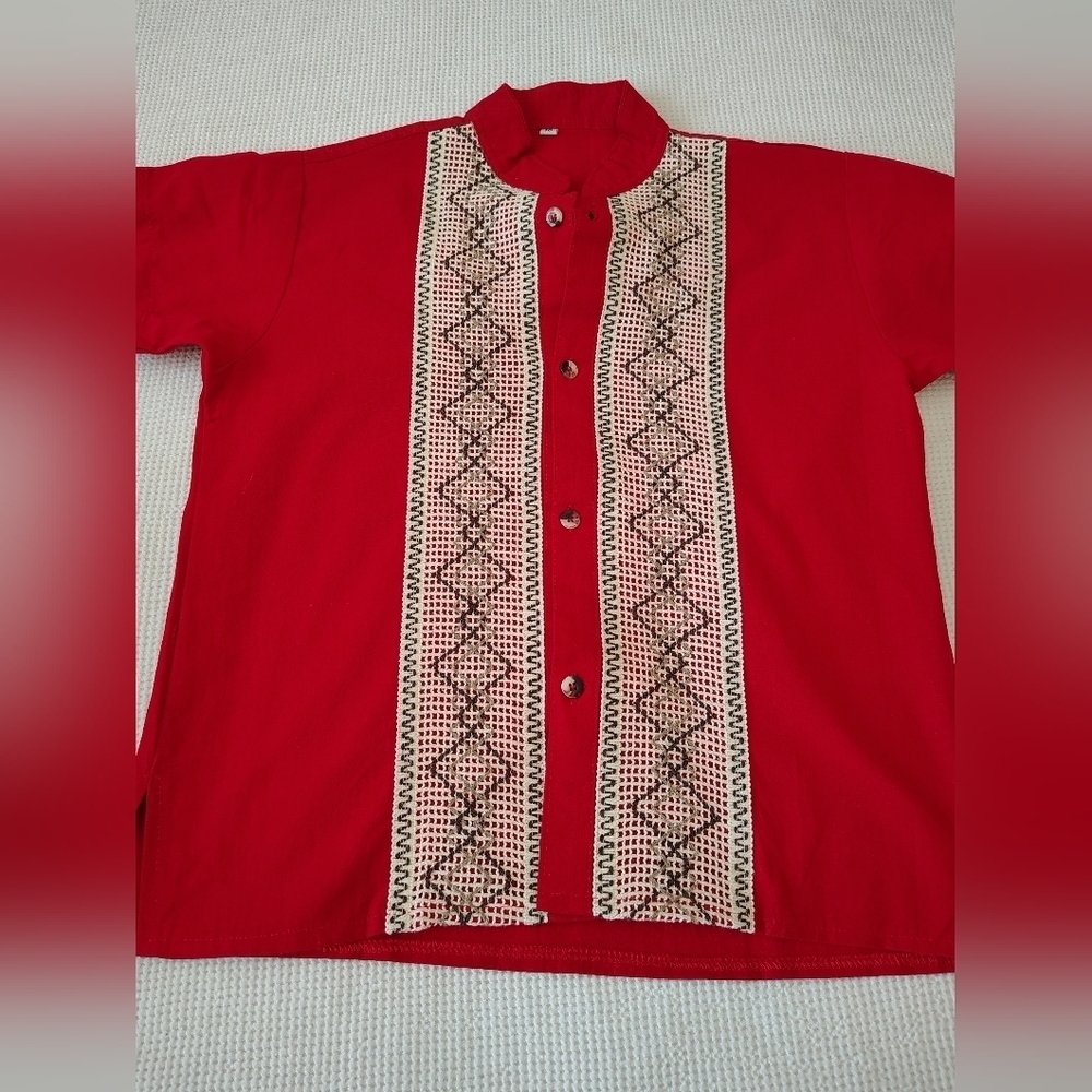 Embroidered Button Down Guayabera Red Boy's Shirt 10